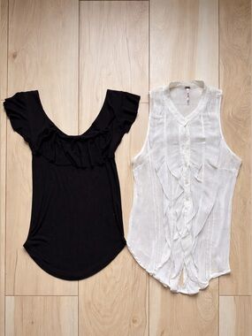 Free People Top Bundle Black Ruffle Tee + White Boho Blouse Size S